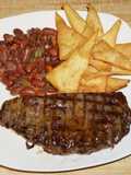 Grilled Flank Steak with Stewed Kidney Beans and Homemade Tortilla Chips