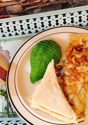 A picture of Tea, Buttered fried egg with Avacado and bread.