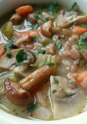 A picture of Vickys Creamy Mushroom & Wild Rice Soup, GF DF EF SF NF.