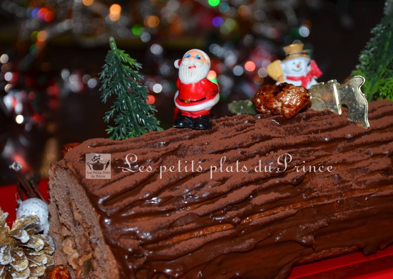 Bûche de Noël au chocolat, poire et chouchous