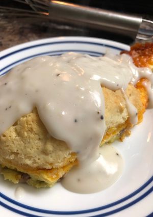 A picture of Biscuits and gravy breakfast bake.
