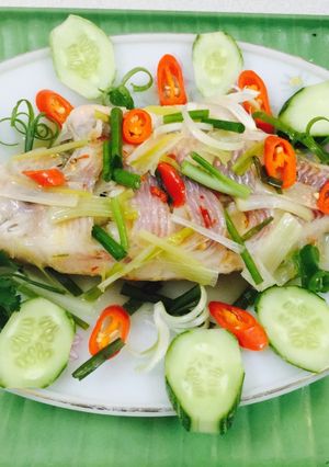 Hình của món Cá Điêu Hồng hấp muối ớt.