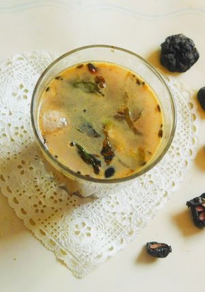 A picture of Kokum rasam with coconut milk.