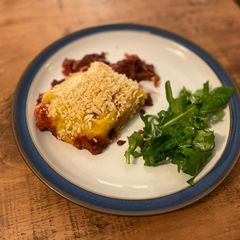 A picture of Seasonal vegetable pie with pumpkin mash and West Country cheddar crumb.