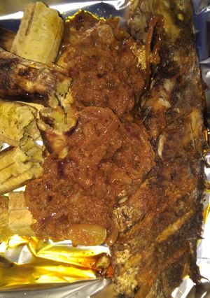 A picture of Grilled croaker and bole (roasted plantain).