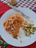 Fideos con calabaza y hongos, zucchini asado de acompañamiento