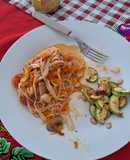 Fideos con calabaza y hongos, zucchini asado de acompañamiento
