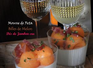 Une photo de Mousse de feta, billes de melon et dés de jambon cru