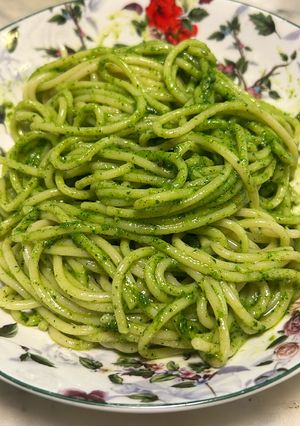 A picture of Skillet Spaghetti with Wild Mustard Greens Pesto.