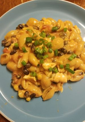 A picture of One pot cheesy chicken enchilada pasta.