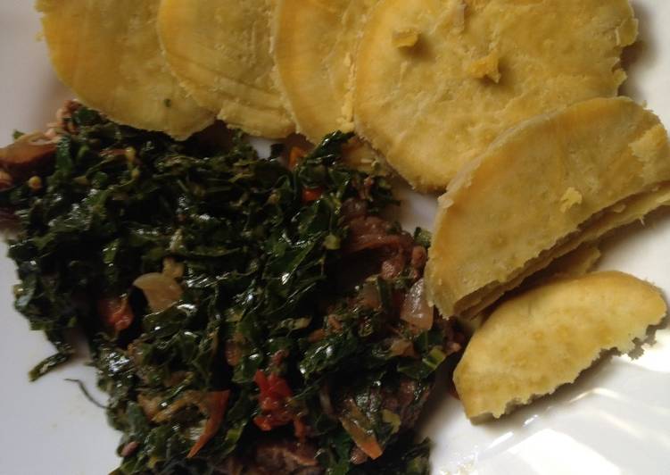 Mixed beef and kale served with sweet potatoes