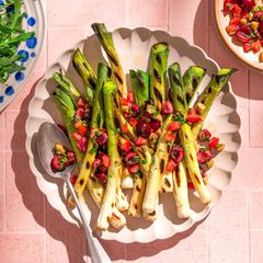 A picture of Grilled leeks with Picota cherry salsa.