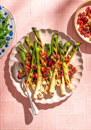 A picture of Grilled leeks with Picota cherry salsa.