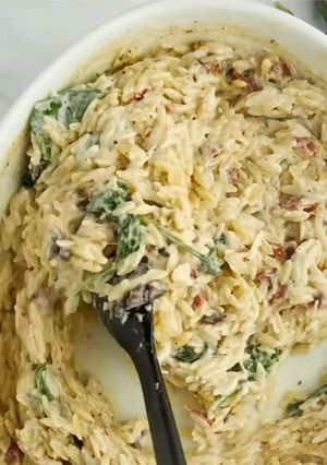 A picture of Orzo Pasta Bake w/ Sun Dried Tomatoes.