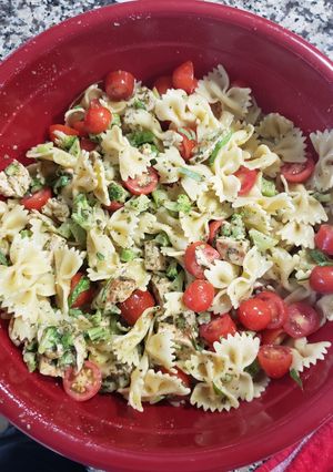 A picture of Pesto Pasta with Grilled Chicken and Broccoli.