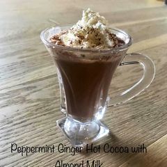 A picture of Peppermint Ginger Hot Cocoa with Almond milk, honey, cacao powder and Semi sweet chocolate Chips.