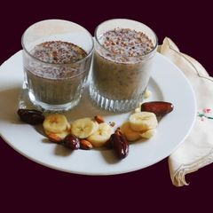 A picture of Drink to your health-chia, dates, banana, and almond smoothie.