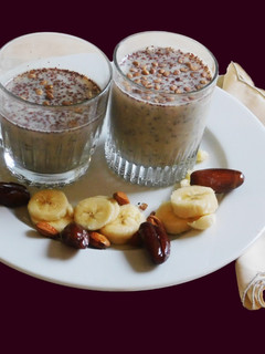 A picture of Drink to your health-chia, dates, banana, and almond smoothie.