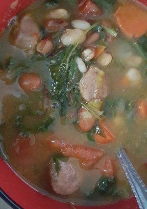 A picture of Kale, White bean, Italian sausage soup.