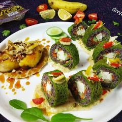 A picture of Futomaki Black Rice Paneer Sushi role with Caramelized Banana.