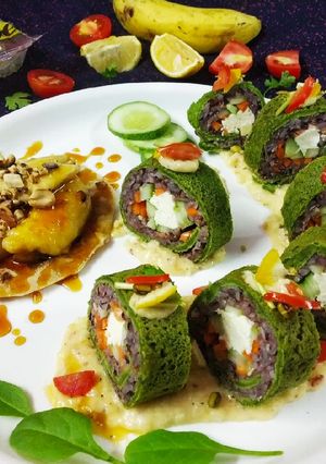 A picture of Futomaki Black Rice Paneer Sushi role with Caramelized Banana.