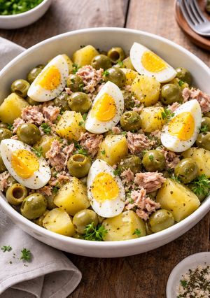 Una foto de Ensalada: patata, huevo, atún, queso y olivas