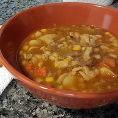 A picture of Beef & Barley Noodle Soup (made with rib roast leftovers).