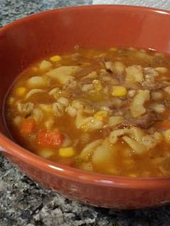 A picture of Beef & Barley Noodle Soup (made with rib roast leftovers).