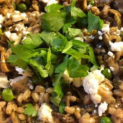 A picture of Mushroom and pea spelt risotto.