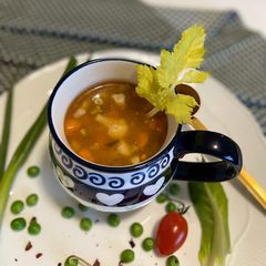 A picture of Vegetables soup with Hot sweet chilli sauce 🌶#NEWYEARNEWYOU.