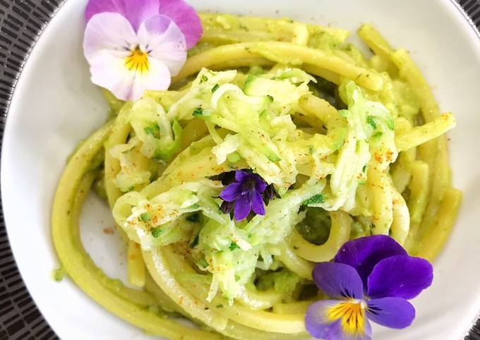 Ricetta Spaghetti alla chitarra con zucchine e pesto di avocado di  Ale_Dietro le Quinty - Cookpad