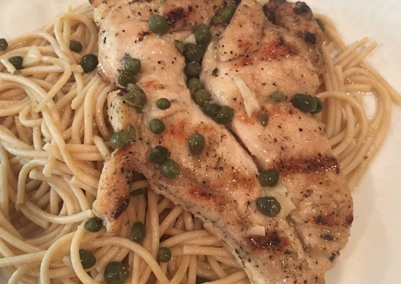 Lemon Chicken with Capers on Wheat Pasta
