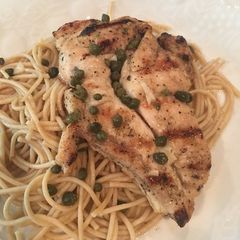 A picture of Lemon Chicken with Capers on Wheat Pasta.