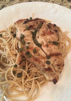A picture of Lemon Chicken with Capers on Wheat Pasta.