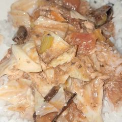A picture of Sauteed Sardines with Cabbage and Eggplant.