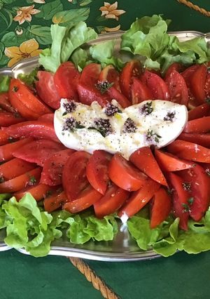 Une photo de Feuille de chêne aux tomates coeur de bœuf, burrata et fleurs de basilic