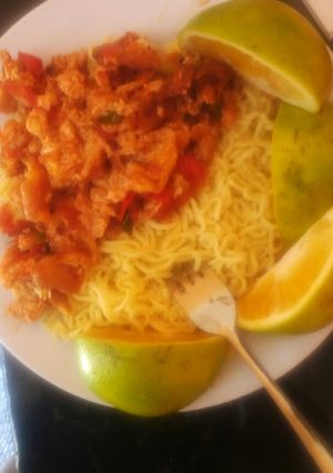A picture of Fried eggs and indomie# marathon recipe.