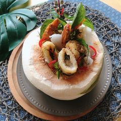 A picture of Thai Steamed Seafood Curry in Coconut •How Mok • Thai Red Curry Paste.