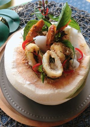A picture of Thai Steamed Seafood Curry in Coconut •How Mok • Thai Red Curry Paste.