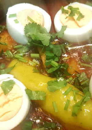 A picture of Boiled egg and Potato curry with green chilli and coriander 😋.
