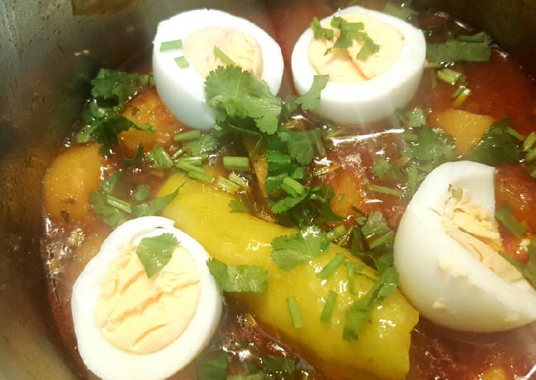 Boiled egg and Potato curry with green chilli and coriander 😋