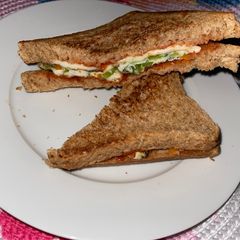A picture of Carrot, capsicum with egg,cheese sandwich.