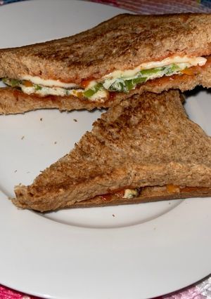 A picture of Carrot, capsicum with egg,cheese sandwich.