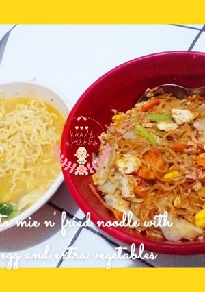 Foto resep 🍜Soto mie and 🍝fried noodle with egg🥚 and extra vegetable🥗
