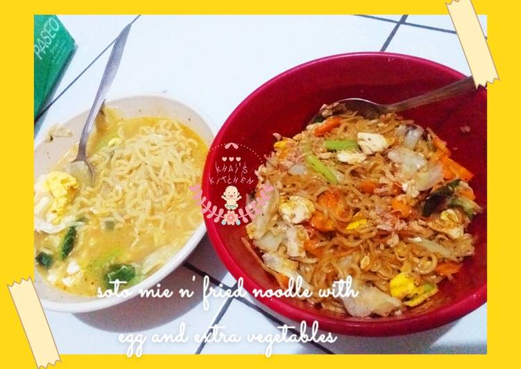 17 Resep: 🍜Soto mie and 🍝fried noodle with egg🥚 and extra vegetable🥗 yang Enak Banget