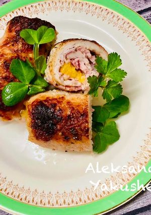 A picture of Pork rolls with peaches.