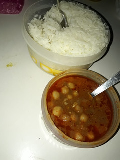 A picture of White chana and boiled rice.