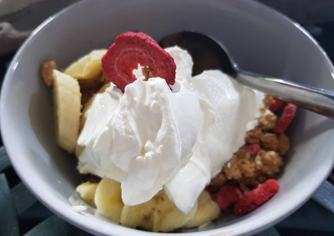 My Breakfast today. Granola with strawberries + & fresh Banana