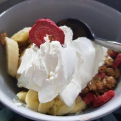 My Breakfast today. Granola with strawberries + & fresh Banana A picture of My Breakfast today. Granola with strawberries + & fresh Banana.