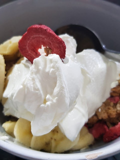 A picture of My Breakfast today. Granola with strawberries + & fresh Banana.